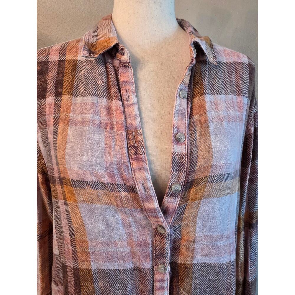 Free People Women's Plaid Flannel Button Down Top Pockets SZ Small Oversized - Picture 4 of 10